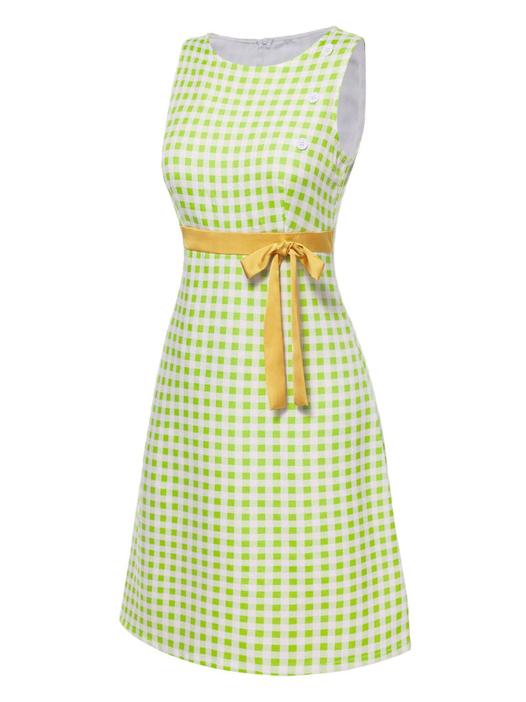 [Pre-Sale] Green 1960s Waist Tie Gingham Mod Dress