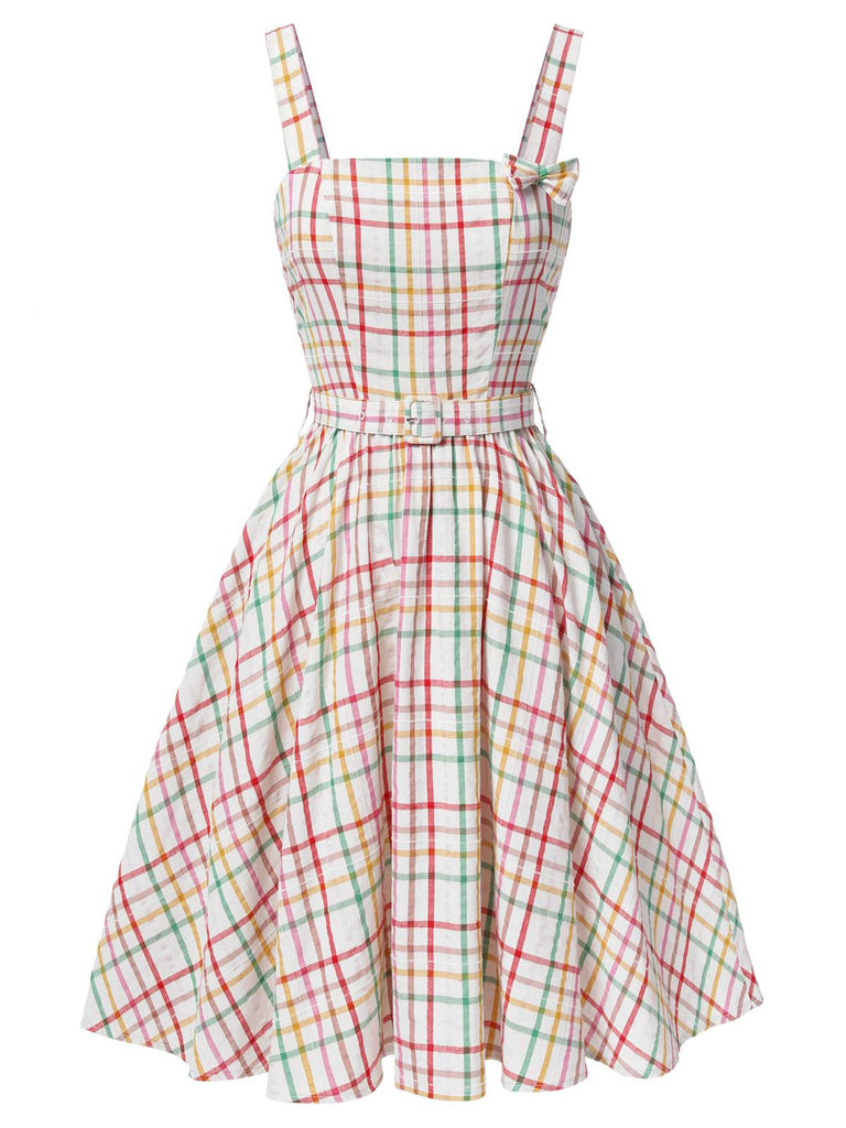 [Pre-Sale] Colorful 1950s Wide Strap Bow Plaid Dress