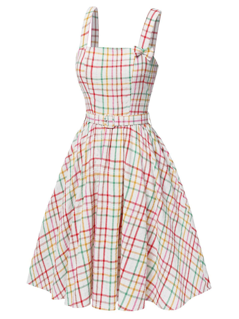 [Pre-Sale] Colorful 1950s Wide Strap Bow Plaid Dress