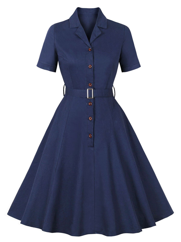 1950s Lapel Solid Buttons Belt Dress