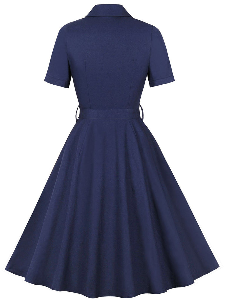 1950s Lapel Solid Buttons Belt Dress