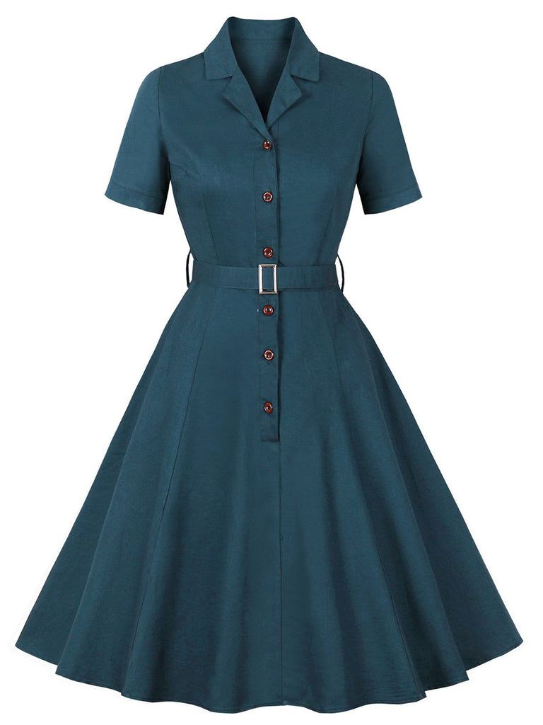 1950s Lapel Solid Buttons Belt Dress