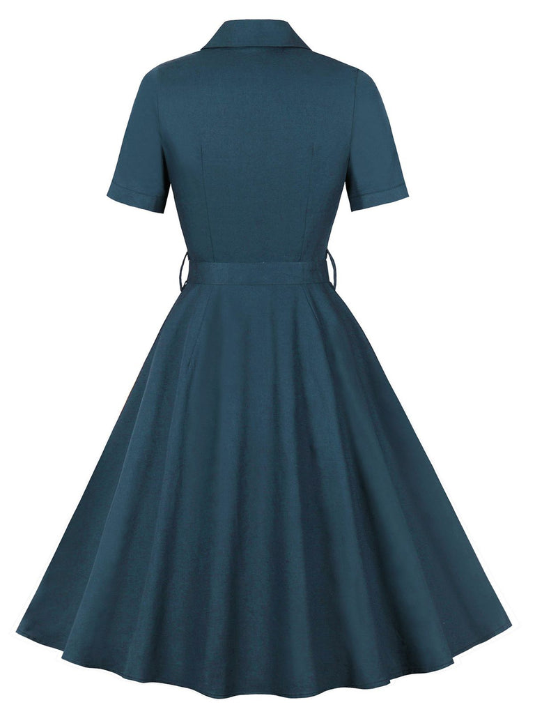 1950s Lapel Solid Buttons Belt Dress