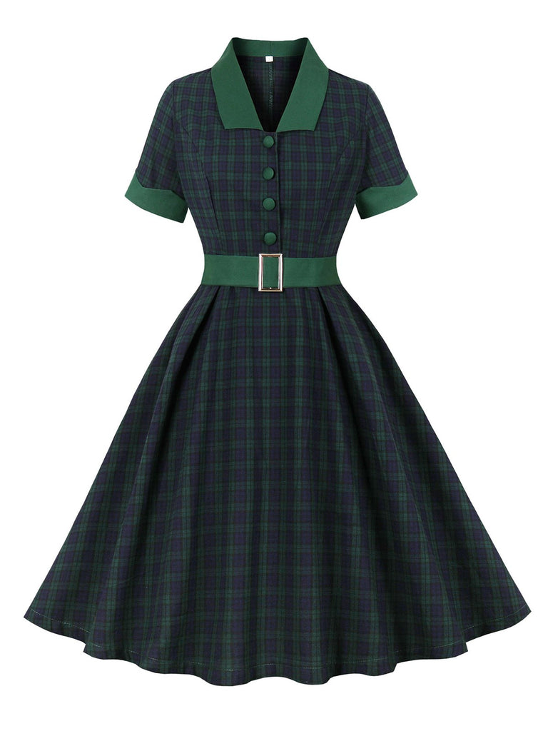 Green 1950s Blackwatch Tartan Lapel Dress