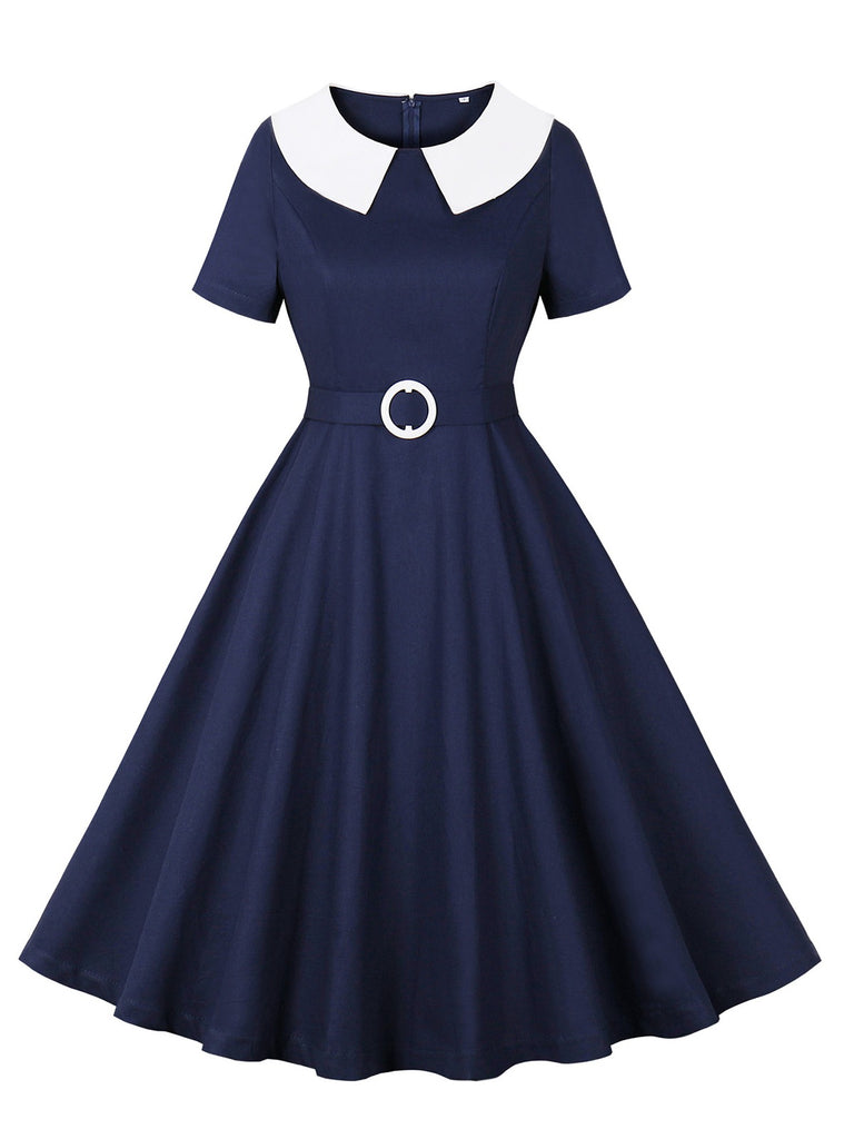 Dark Blue 1950s Peter Pan Collar Solid Dress