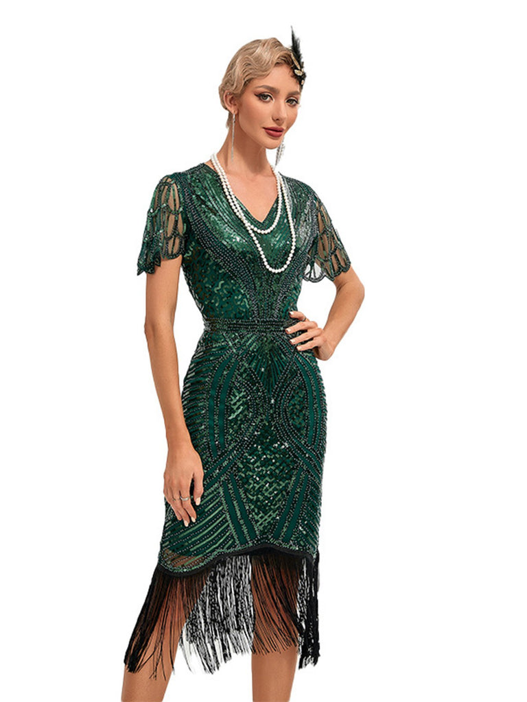 1920s Cap Sleeves Tassel Sequined Dress