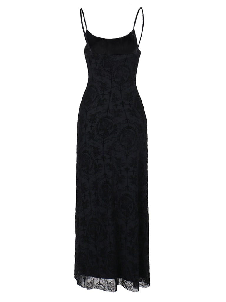 1970s Spaghetti Strap Gothic Black Lace Maxi Dress