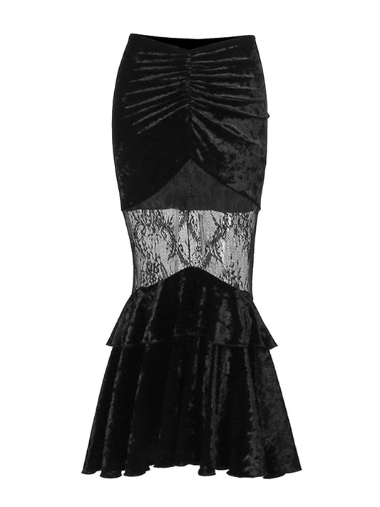 1970s Gothic Velvet Lace Tiered Mermaid Skirt