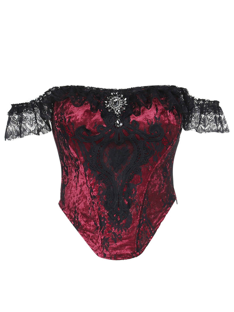 Deep Red 1970s Steampunk Lace Off-Shoulder Top