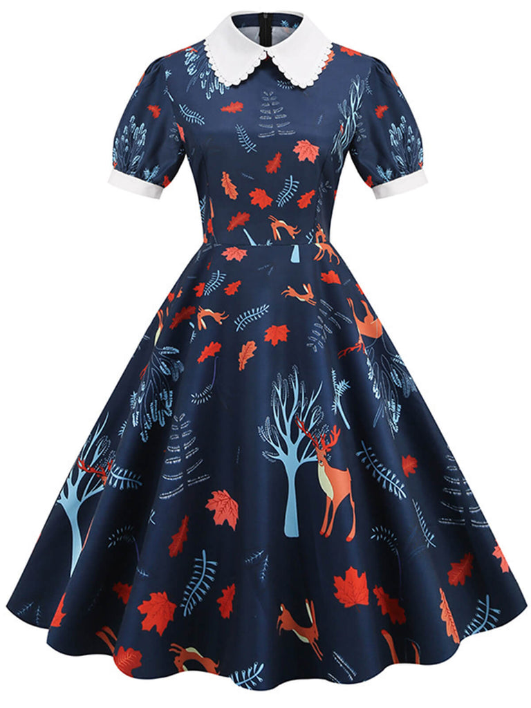 Dark Blue 1950s Forest Puff Lapel Dress