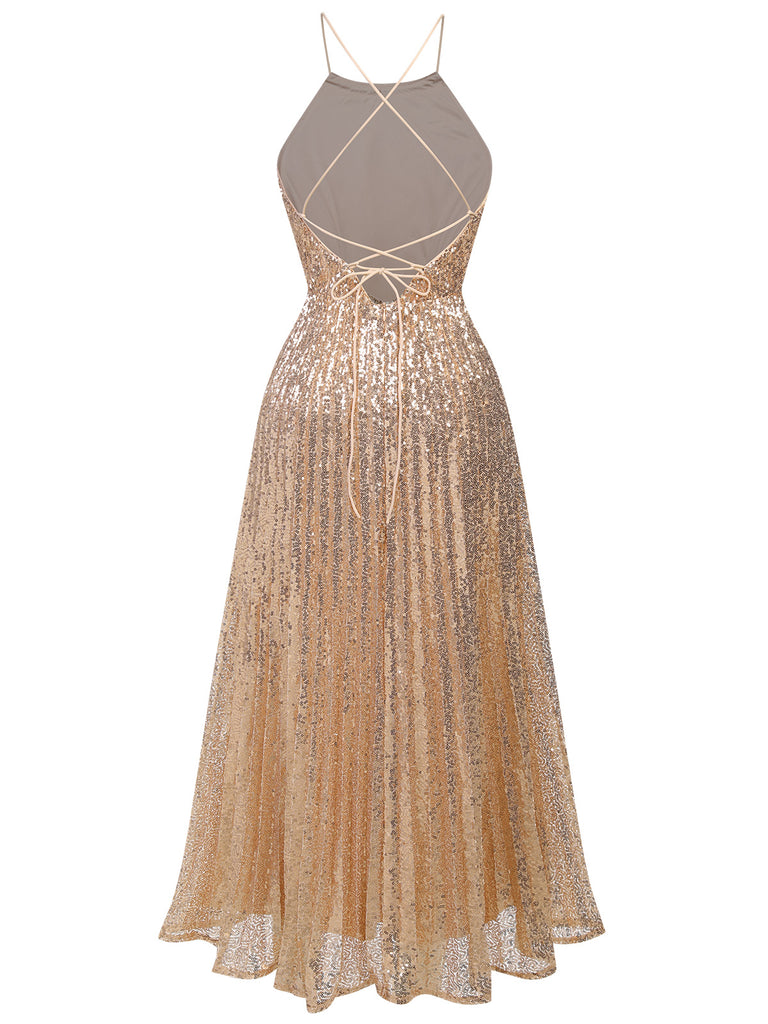 1920s Sequined Backless Halter Dress