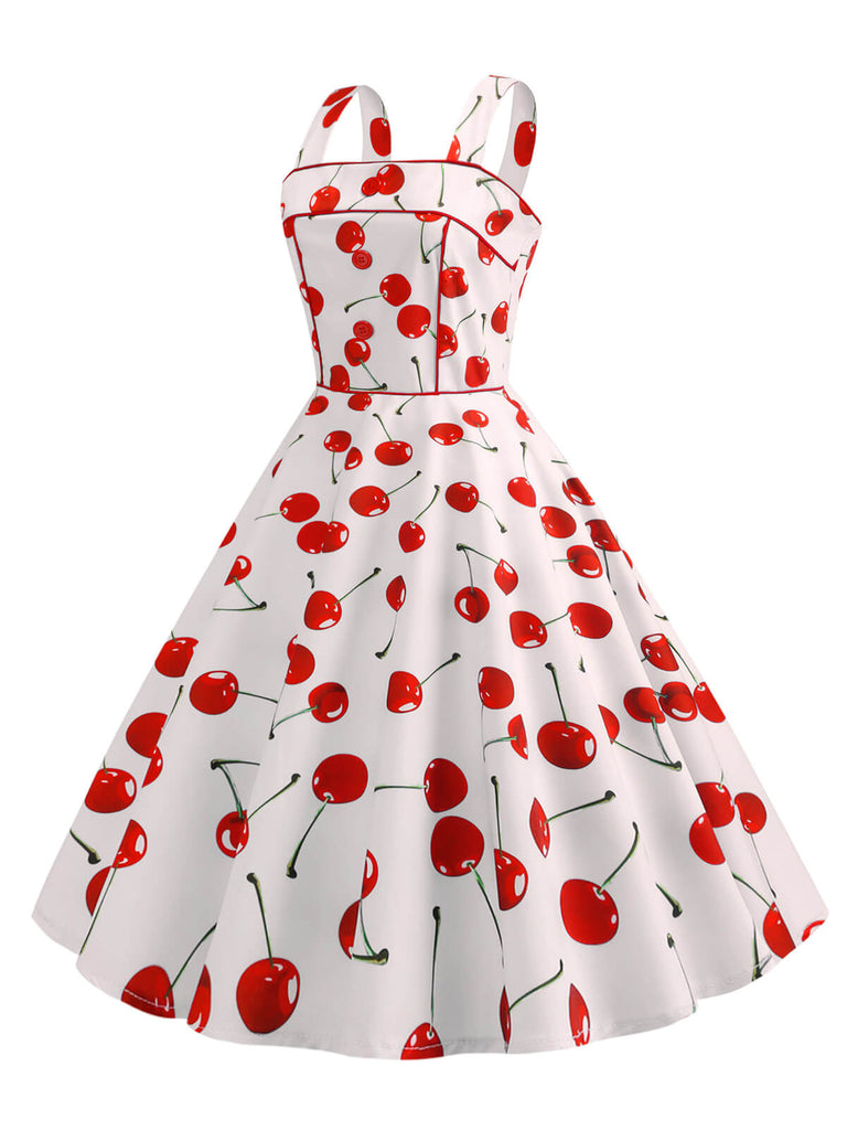 White 1950s Cherry Wide Straps Dress