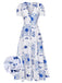 Blue & White 1930s Plants Puff Deep V-Neck Dress