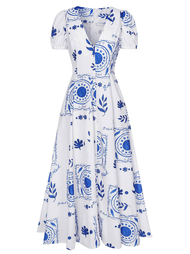 Blue & White 1930s Plants Puff Deep V-Neck Dress