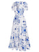 Blue & White 1930s Plants Puff Deep V-Neck Dress