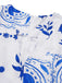 Blue & White 1930s Plants Puff Deep V-Neck Dress