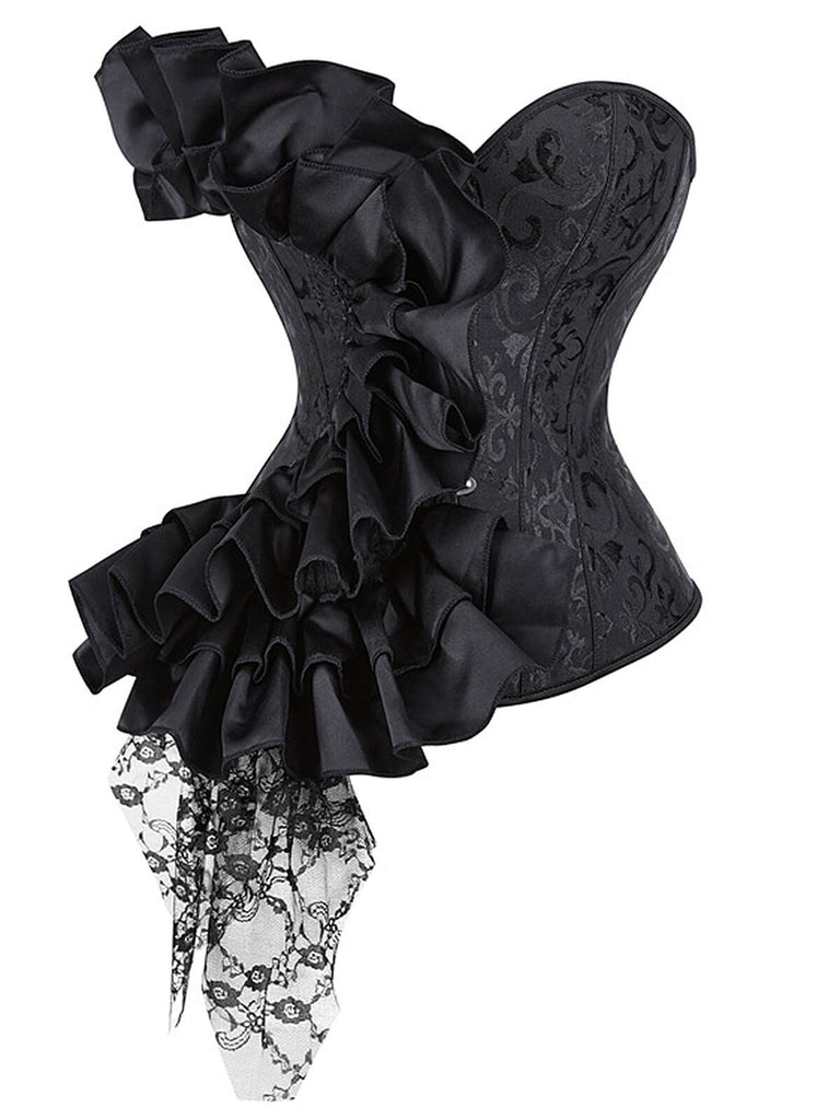 Black 1970s Stempunk Ruffled Lace Patchwork Corset