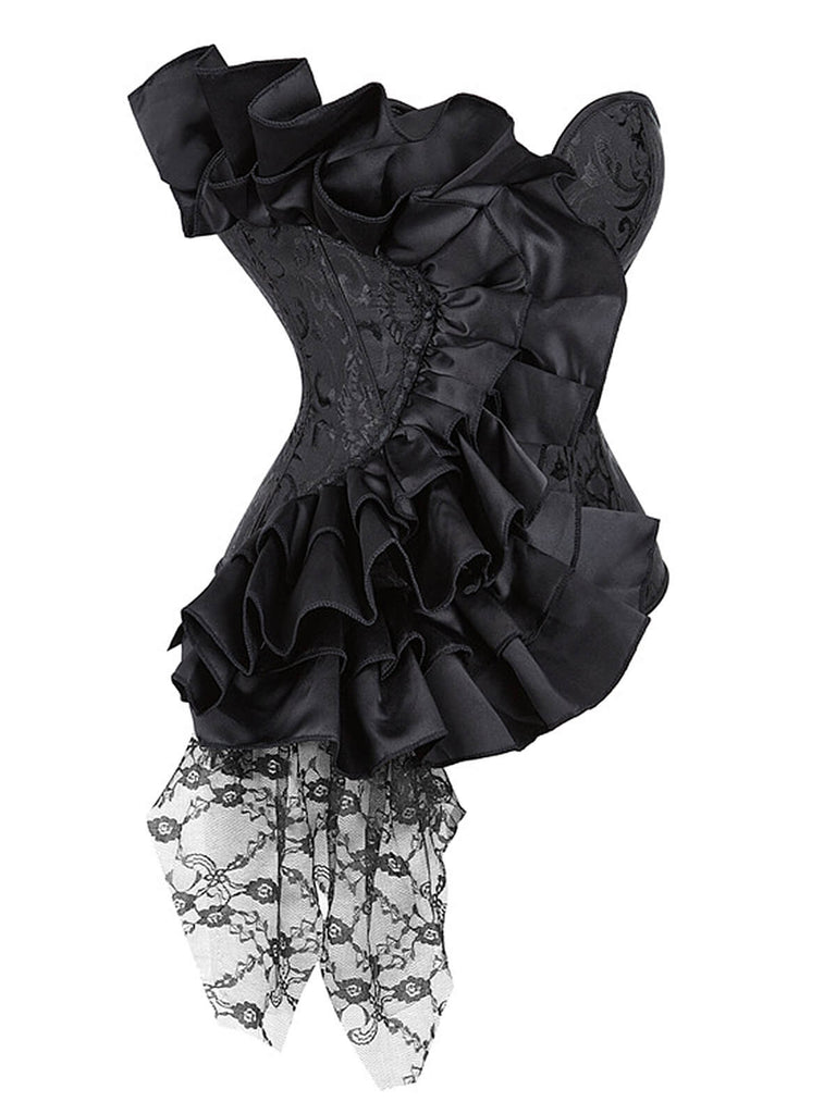 Black 1970s Stempunk Ruffled Lace Patchwork Corset