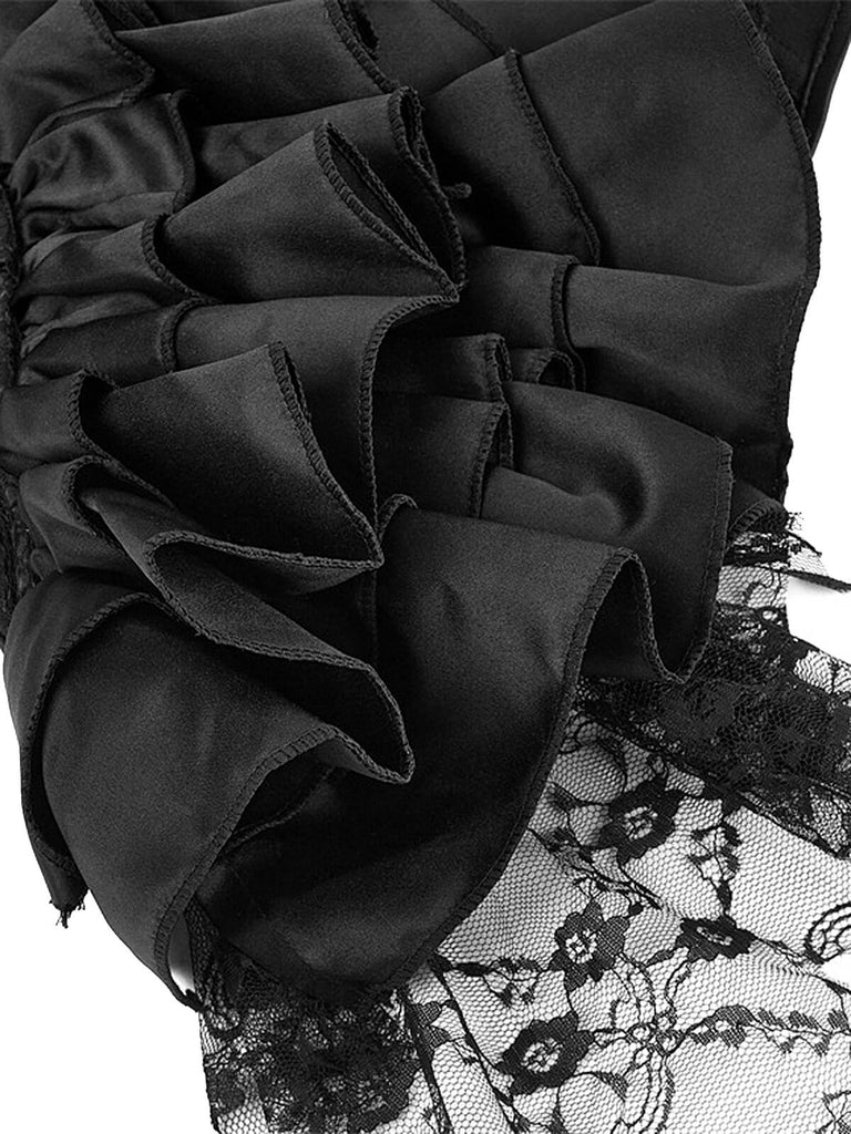 Black 1970s Stempunk Ruffled Lace Patchwork Corset