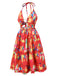 Red 1950s Hollow Out Ruffles Halter Dress