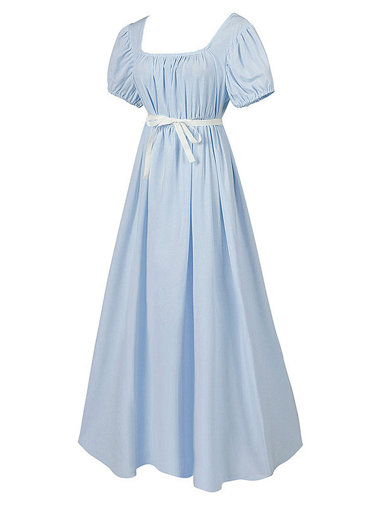 1930s Solid Square Neck Puff Sleeves Dress