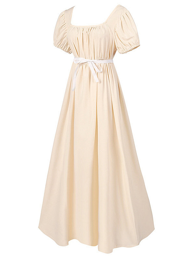 1930s Solid Square Neck Puff Sleeves Dress