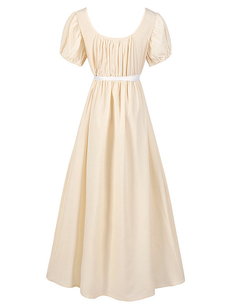 1930s Solid Square Neck Puff Sleeves Dress