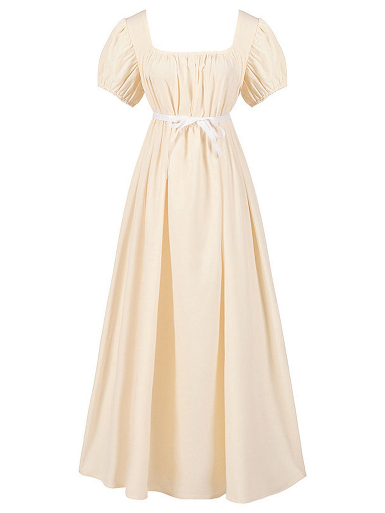 1930s Solid Square Neck Puff Sleeves Dress