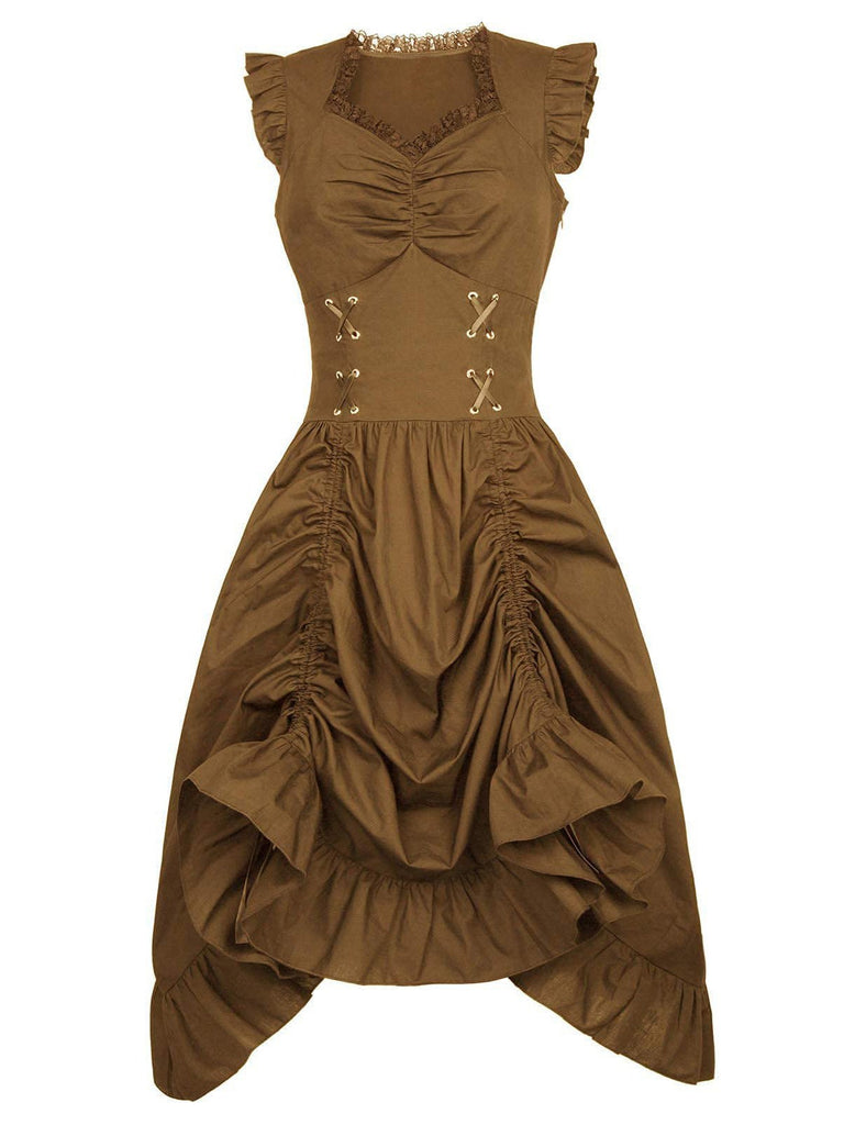1930s Solid Ruffles Square Neck Steampunk Dress