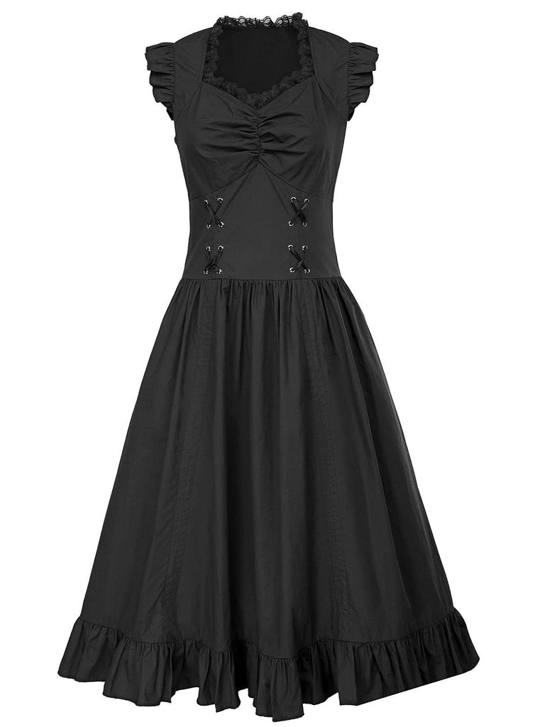 1930s Solid Ruffles Square Neck Steampunk Dress