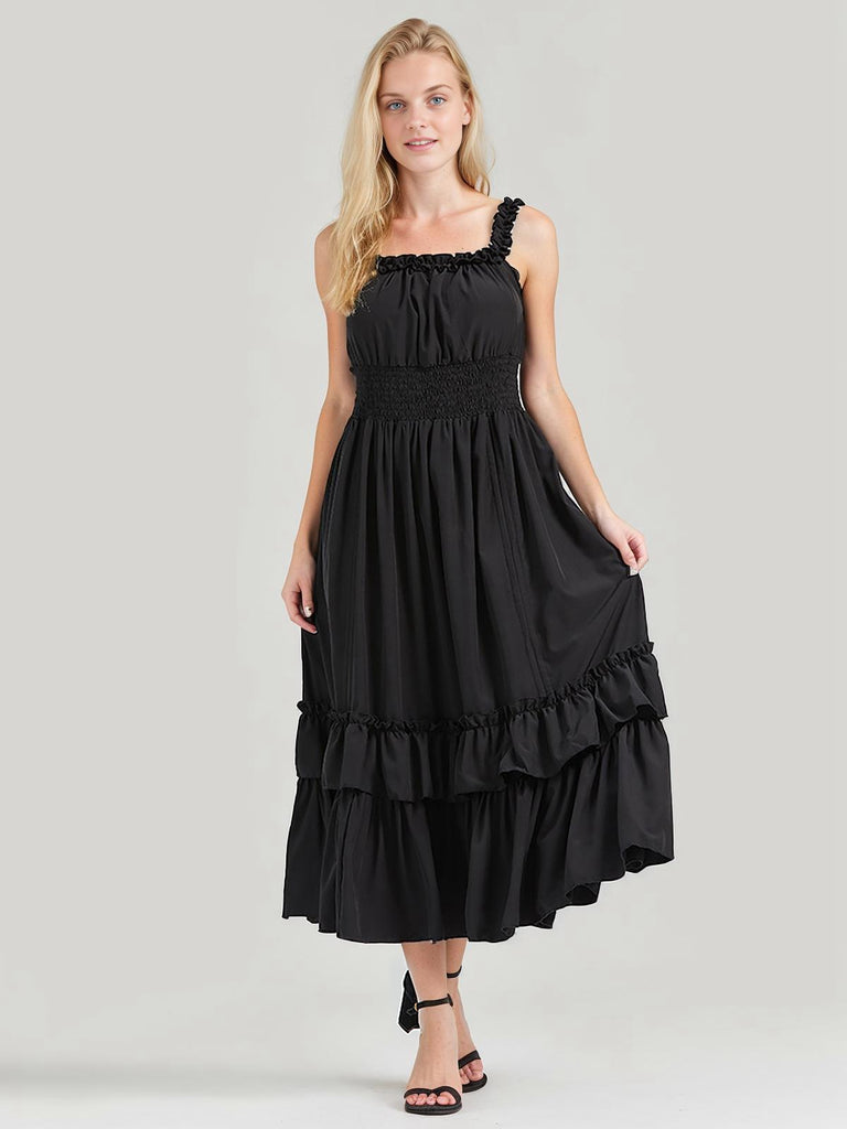 1930s Solid Square Neck Drawstring Layered Dress