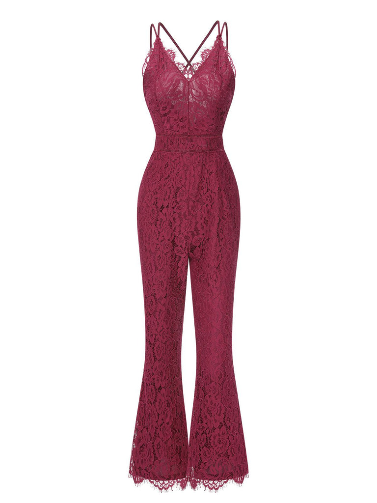 1960s Spaghetti Strap V-Neck Lace Jumpsuit