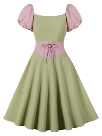 Pale Green 1950s Contrast Puff Sleeves Dress