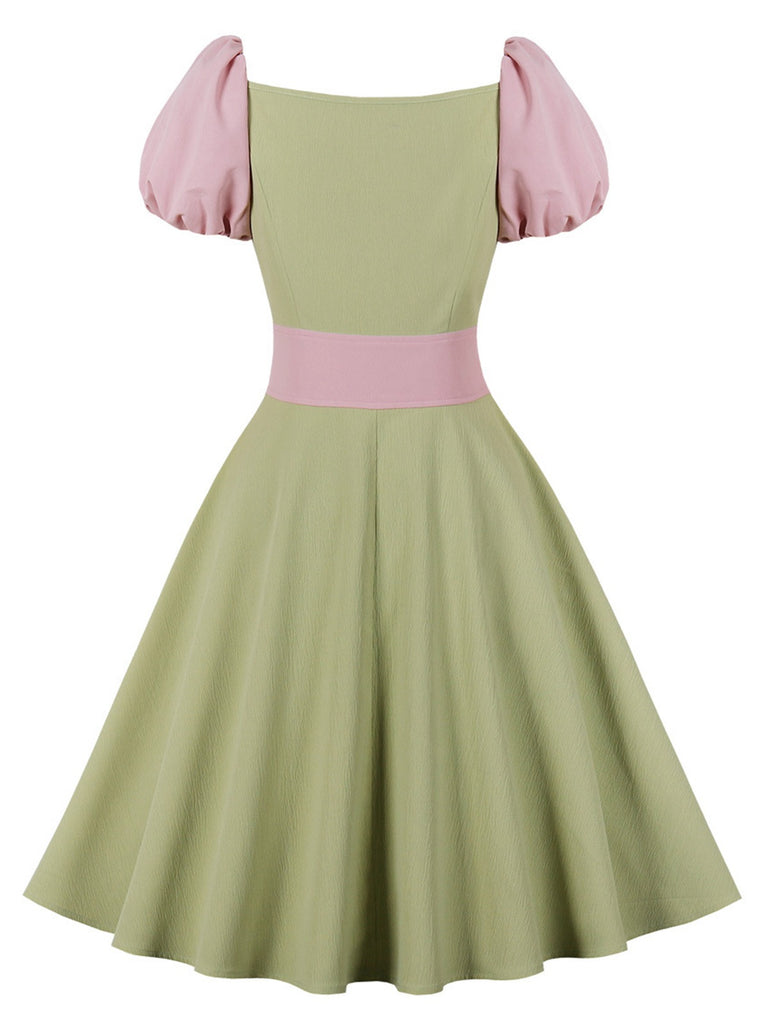 Pale Green 1950s Contrast Puff Sleeves Dress