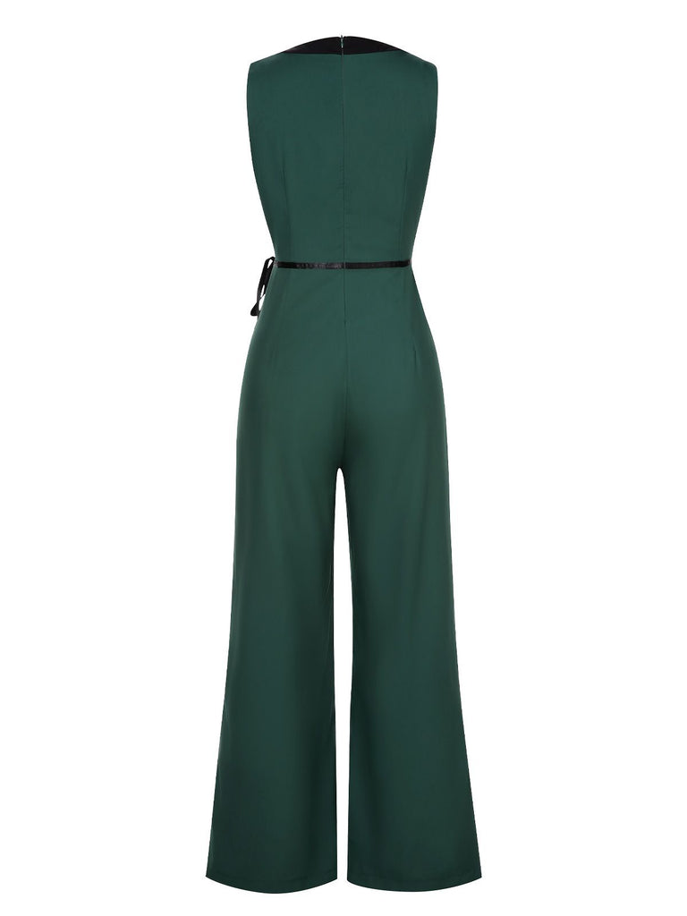 Green 1930s Linear Patchwork Lace-Up Jumpsuit