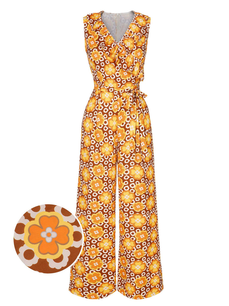 [Pre-Sale] 1970s V-Neck Floral Belted Sleeveless Jumpsuit