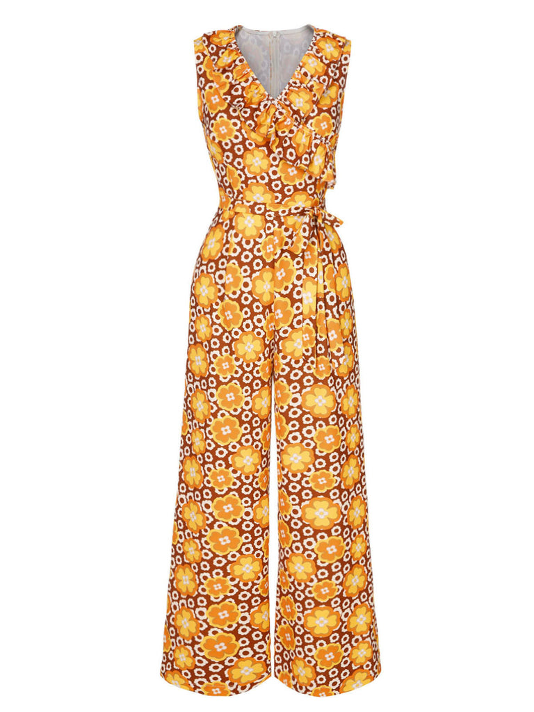 [Pre-Sale] 1970s V-Neck Floral Belted Sleeveless Jumpsuit