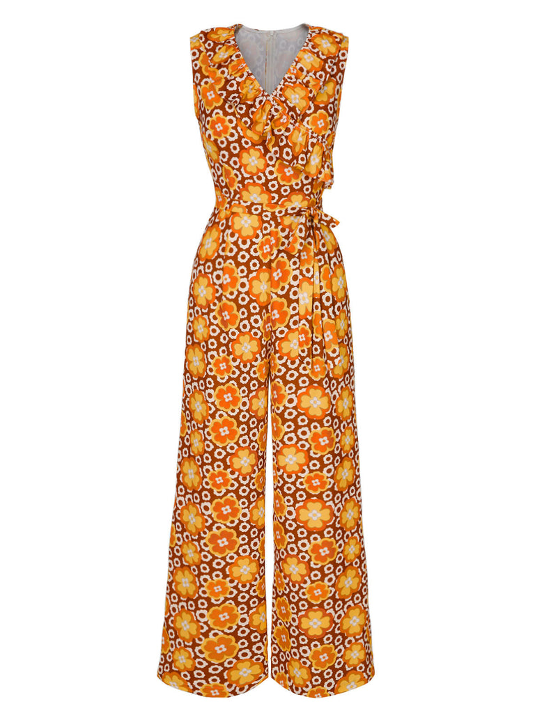 1970s V-Neck Floral Belted Sleeveless Jumpsuit