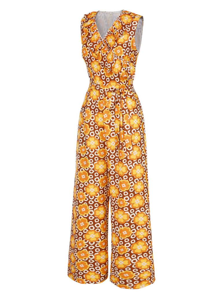 [Pre-Sale] 1970s V-Neck Floral Belted Sleeveless Jumpsuit