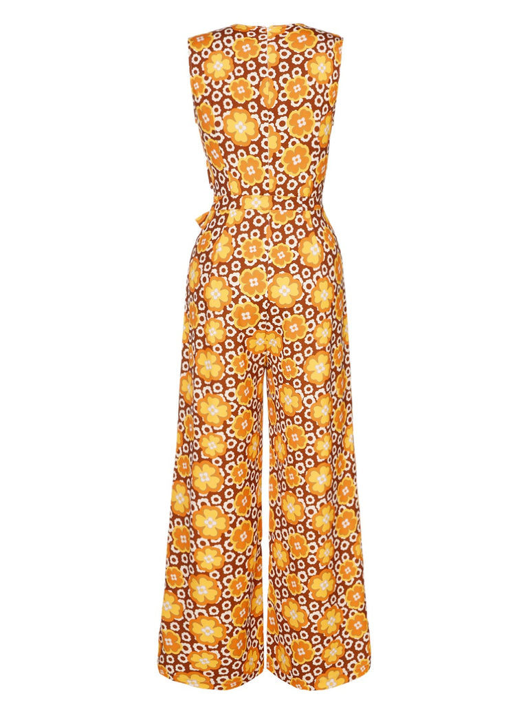 [Pre-Sale] 1970s V-Neck Floral Belted Sleeveless Jumpsuit