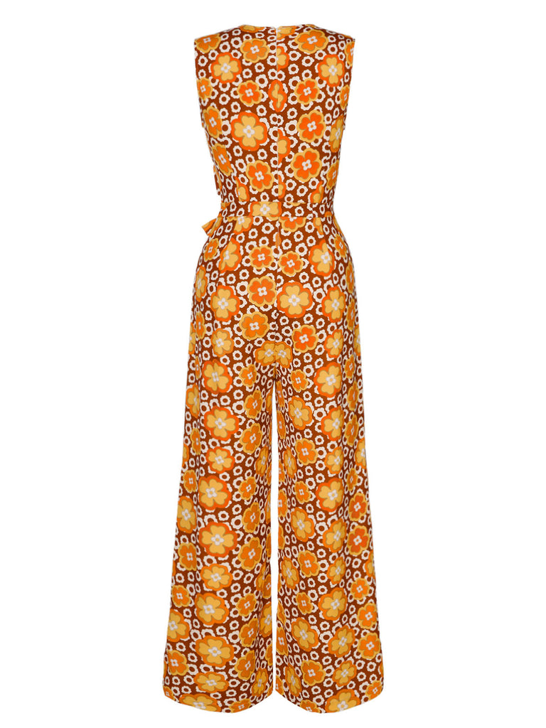 1970s V-Neck Floral Belted Sleeveless Jumpsuit