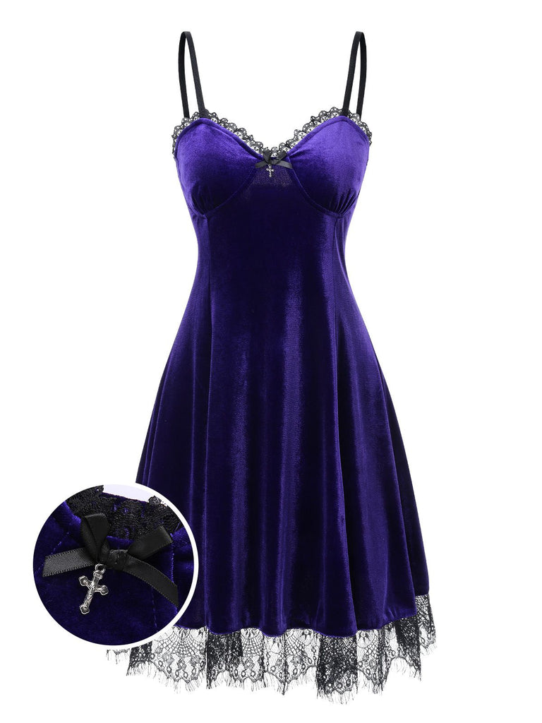 Bright Purple 1980s V-Neck Lace Velvet Dress