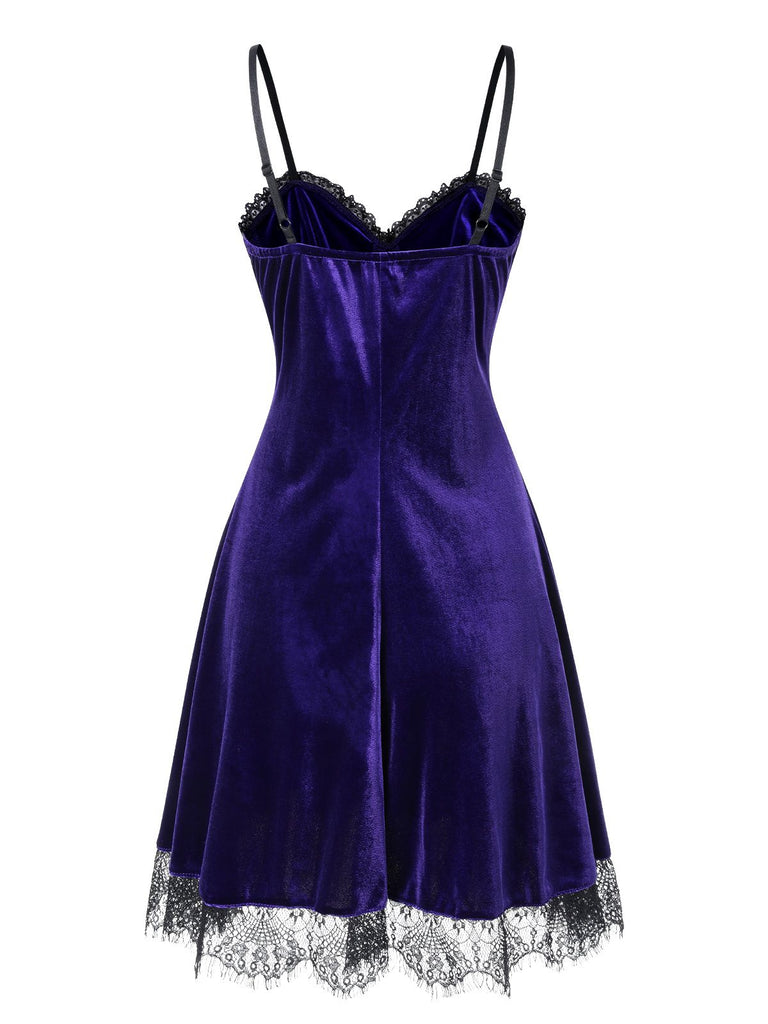 Bright Purple 1980s V-Neck Lace Velvet Dress