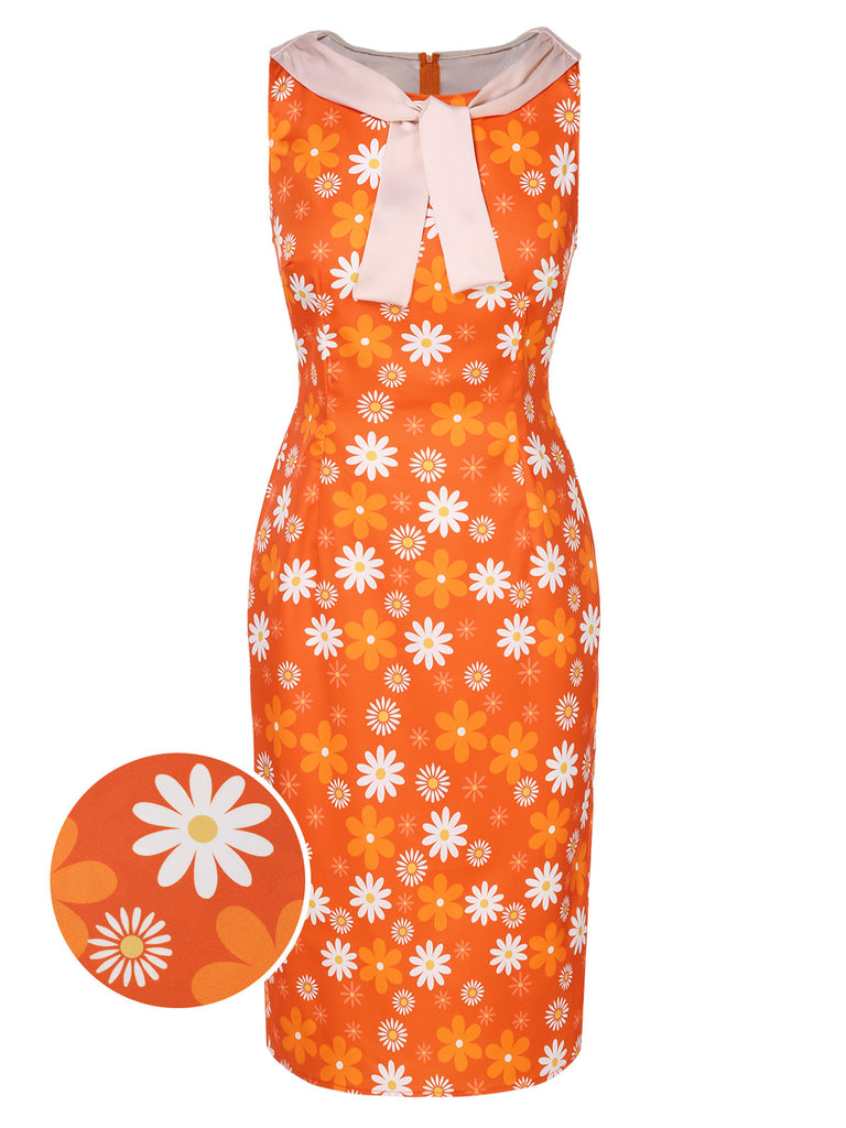 [Pre-Sale] Orange 1960s Tie Neck Floral Sleeveless Dress