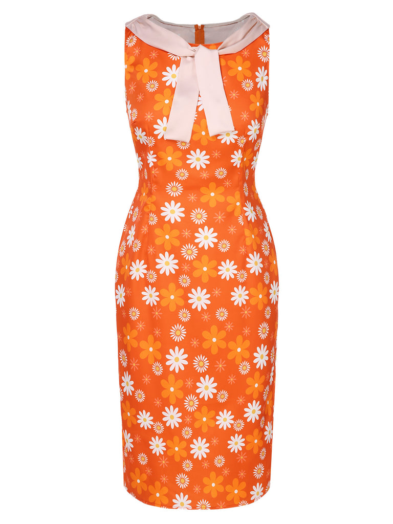 [Pre-Sale] Orange 1960s Tie Neck Floral Sleeveless Dress