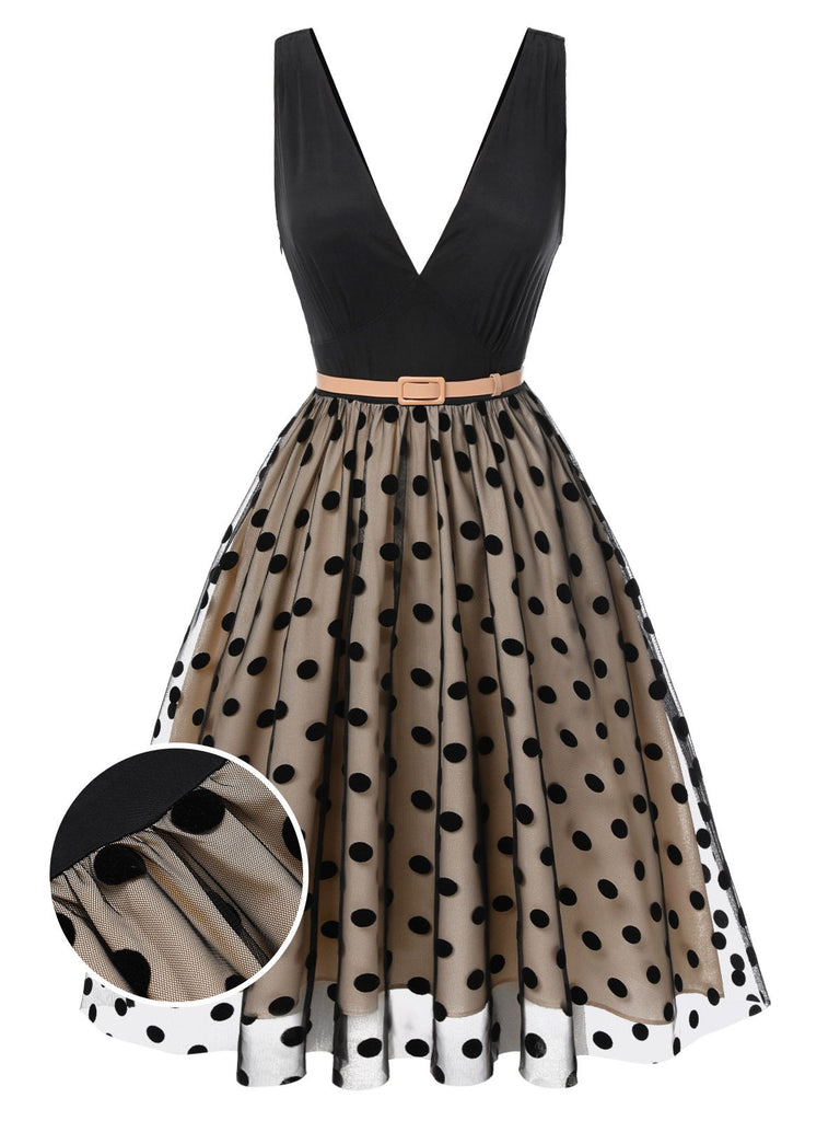 [Pre-Sale] Black 1950s Polka Dot Mesh Belted Dress