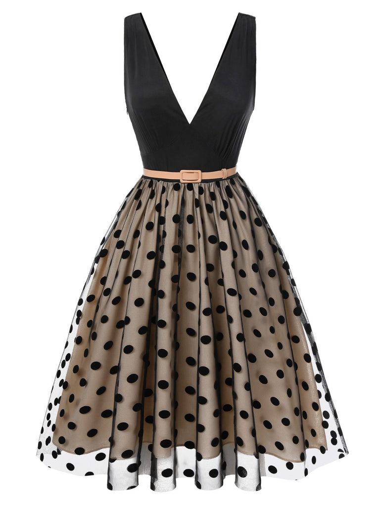 [Pre-Sale] Black 1950s Polka Dot Mesh Belted Dress