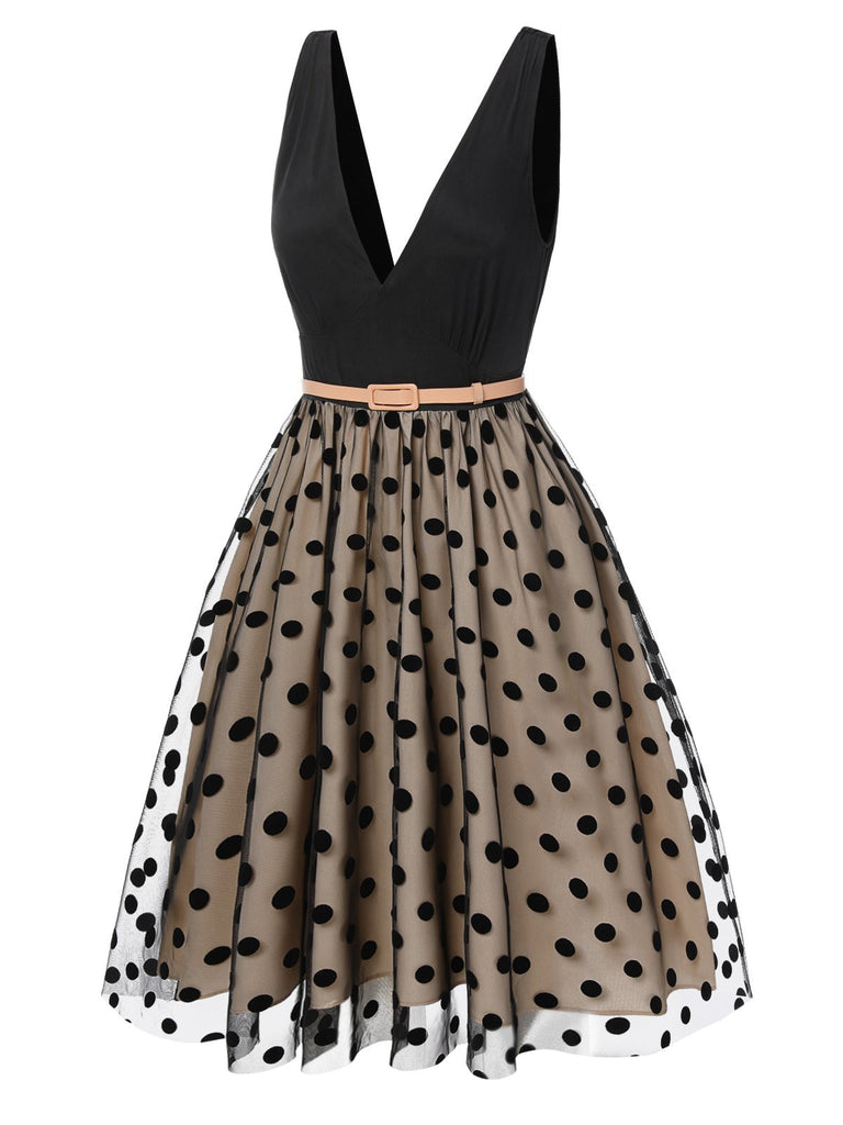 [Pre-Sale] Black 1950s Polka Dot Mesh Belted Dress