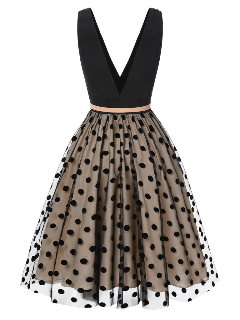 [Pre-Sale] Black 1950s Polka Dot Mesh Belted Dress