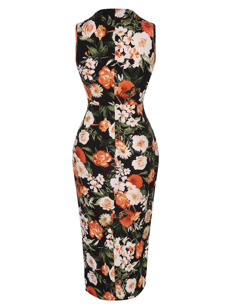 Multicolor 1960s Floral Side Slit Pencil Dress